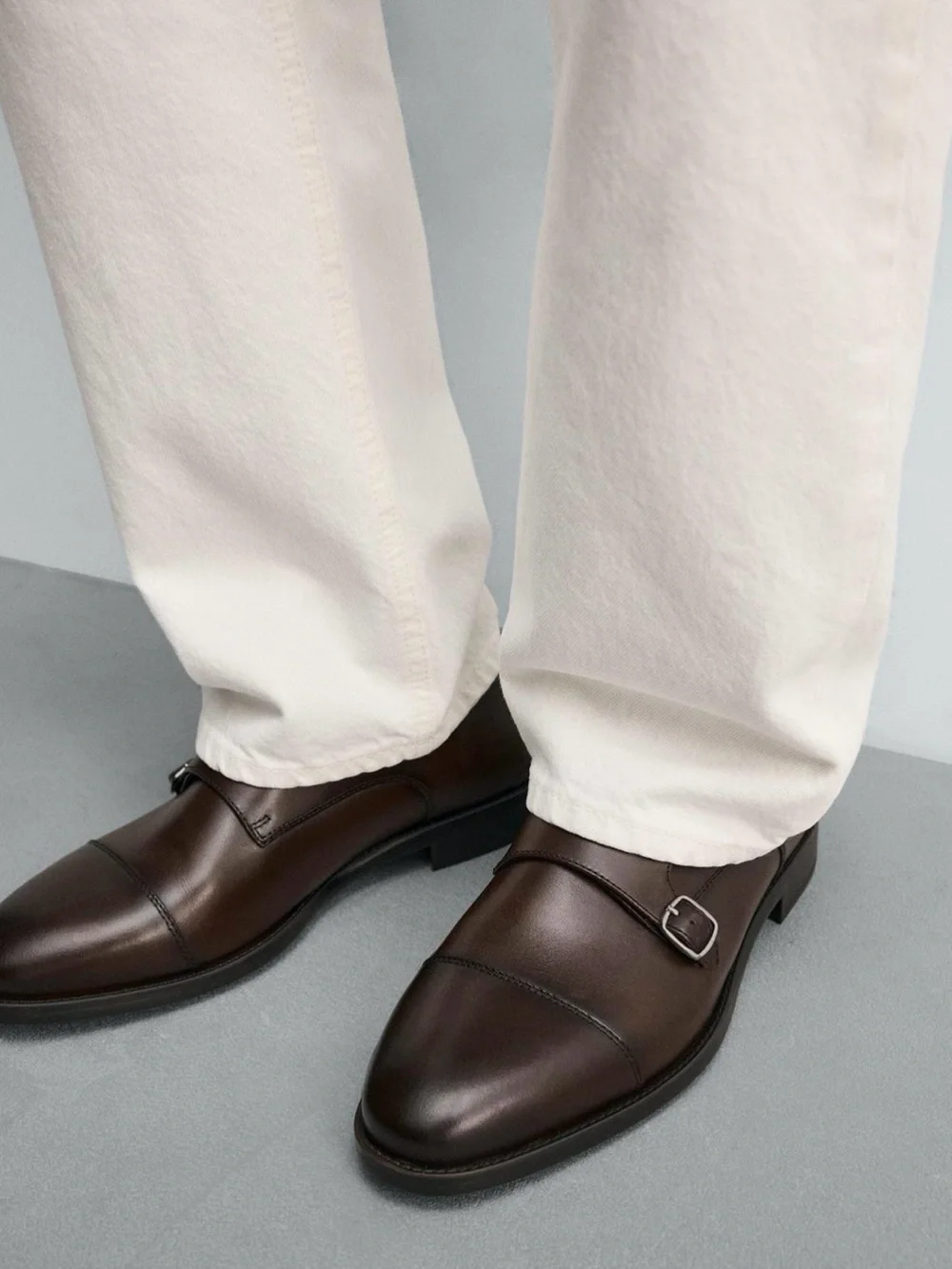 Zara Men’s Leather Double Monk Strap Shoes NWT Polished Brown Two Buckles 39